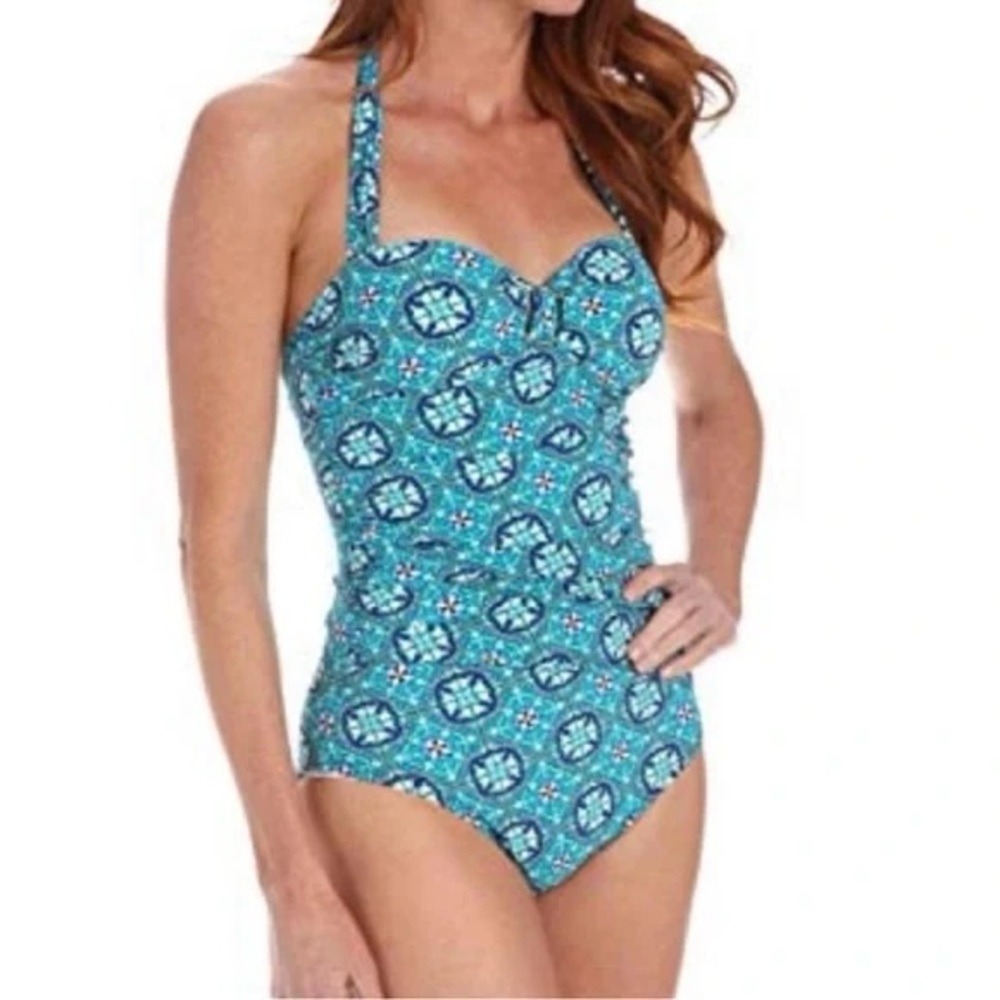 Spanx Assets One-Piece Halter Swimsuit Women’s L Blue Medallion Geometric